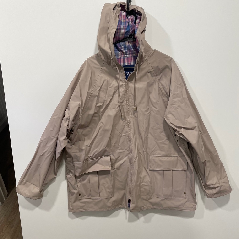 JG HOOK Women's XL Beige Plaid Lined Hooded Rain Jacket Waterproof‎ Coat